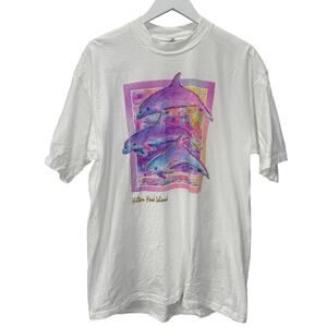 Vintage 80s Islander Sportwear Neon Glitter Dolphins T-Shirt Size XL Cover Up